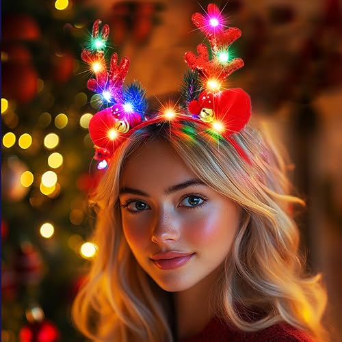 Fashband Christmas Headbands Light Up Deer Antlers Headband LED Glitter Reindeer Antlers Xmas Headpiece Holiday Hair Accessories for Women(Red) - Image 4