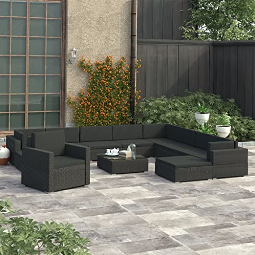 CKioict Conjunto Jardin Exterior Sofá Seccional Juego de Muebles de jardín Set Muebles de jardín y Cojines 12 pzas ratán sintético negroPara césped, Balcones, Patios Traseros