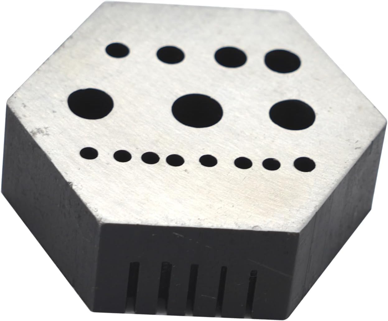 PRESIZE Hexagonal Steel Riveting Anvil Block 17mm Thick Multi-Functional Bench Tool for Drilling, Riveting, Jewelry Making, and Watch Repair Hardened Steel Block with 15 Holes and 5 Slots