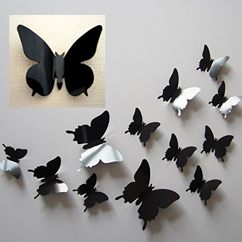 DP Design® - Juego de 12 mariposas adhesivas negras de PVC efecto 3D - Ideal para pared, armario, espejo, decoración de la casa, etc. - Color negro