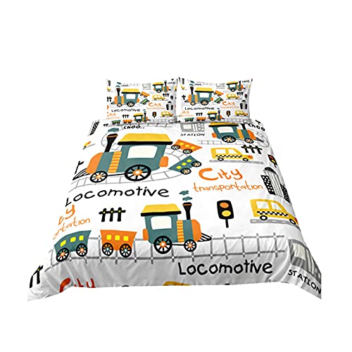 Set de Housse de Couette Enfants Bleu Blanc Dessin Animé Tracteur Voiture Train Fusée Univers Planète Graffiti Fille Garçon Microfibre Parure de Lit avec Taie d'oreiller (Multicolor 3, 140 x 200 cm)