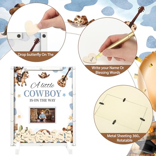 Image of Beeveer 65 Pcs Cowboy Baby Shower Guest Book Alternatives a Little Cowboy is on The Way Decorations Western Baby Shower Party Supplies Sign in Guest Book with Picture Frame and 60 Wooden Chip