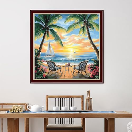 Image of Dimensean Stamped Cross Stitch Kits Full Range of Embroidery Patterns Starter Kits for Beginners Adult DIY Cross Stitches Needlepoint Kits 11CT-Afternoon Tea by the Sea 18x18 inch