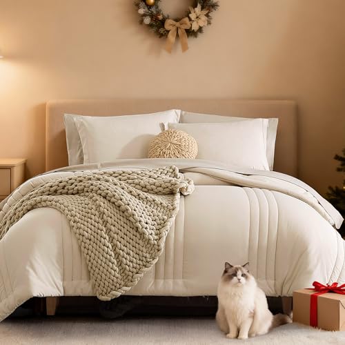 Monbix Queen Comforter Set - 7 Pieces Beige Bed in a Bag Queen Bedding Sets with Comforters, All...