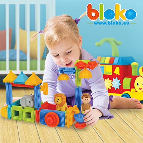 516ZFYOBCYL BLOKO – 503618 – Tube de 100 'BLOKO' avec 4 figurines 3D de la Jungle - Dès 12 mois - Fabriqué en EUROPE - Jouet de construction