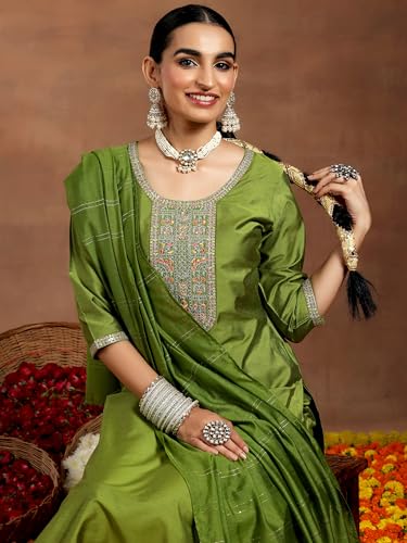 Image of Libas Gerua Womens Yoke Design Silk Blend Straight Kurta With Trousers and Dupatta | daily wear suit