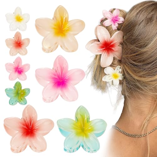 8Pcs 2 Sizes Hawaiian Plumeria Flower Hair Claw Clips 4cm 8cm Summer Gradient Flower Acrylic Hair Jaw Clips for Medium Thin Thick Hair Women Girls Hawaii Hair Accessories