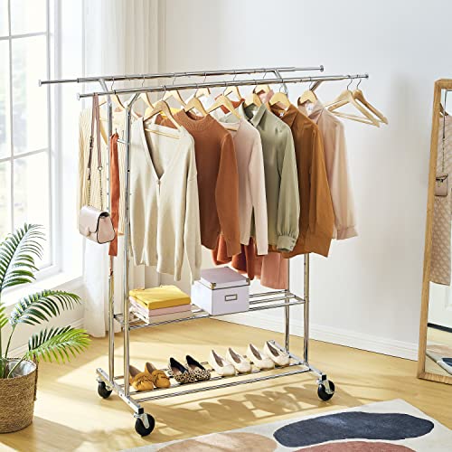 Tajsoon Clothes Rack, Heavy Duty Double Rods Clothes Hanging Rack, Commercial Clothing Storage Display, Adjustable Standard Rolling Garment Rack With Wheels, Chrome #TOP5