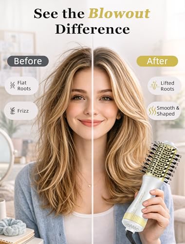 Image of Travel Hair Dryer Brush, 2 Inch Oval Blow Dryer Brush for Short to Medium Hair, Dual Voltage 120-240V Hot Air Brush, Ceramic Blowout Brush with 3 Heat Settings, White Gold