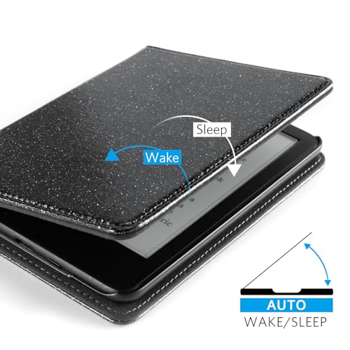 Image of CoBak Case for 6 inch E-Reader - PU Leather Smart Cover with Auto Sleep /Wake & Hand Strap, not Compatible with Kobo Clara,Black Glitter