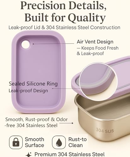 Qrhky Stainless Steel Snack Box, Metal Snack Containers, 304 Stainless Steel, Electropolished Anti-Rust, 2-Comp Bento Vent Lid, Stackable Reusable for Camping, Travel, Leakproof Sauce Cup (3 Pack) — view 3