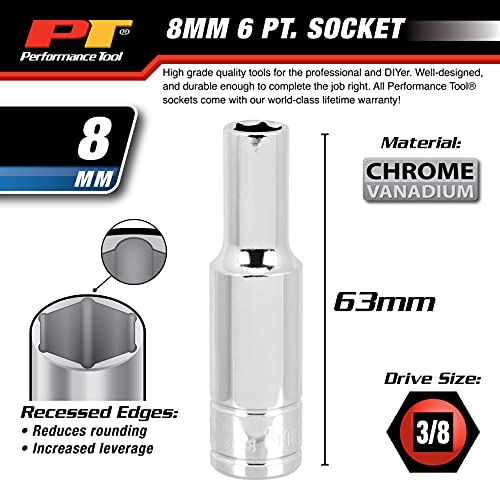 Performance Tool W38408 6-Point Socket, 3/8" Drive, 8Mm #TOP3