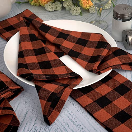 Image of FINGERCRAFT Gingham Check Cloth Napkins 100% Cotton Fabric, Set of 12, 20x20 Inches Table Napkins Good Absorbency, Washable and Reusable Best for Farmhouse, Kitchen, Hotels (Rust Black Check)