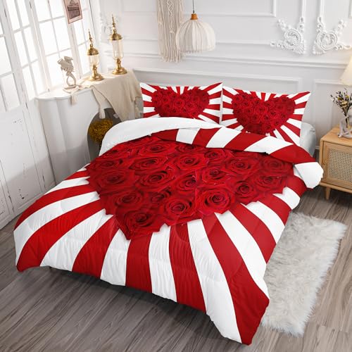 Image of AILONEN Red Rose Comforter Set Queen Size, 3D Rose Hearts Printed Bedding Set, 3 Pieces Modern Valentine Comforter Set