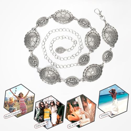 Women Metal Oval Western-Cowgirl-Belt Waist-Link - Rhinestone-Waist-Chain Silver Diamond-Country-Belts for Dresses Jeans4