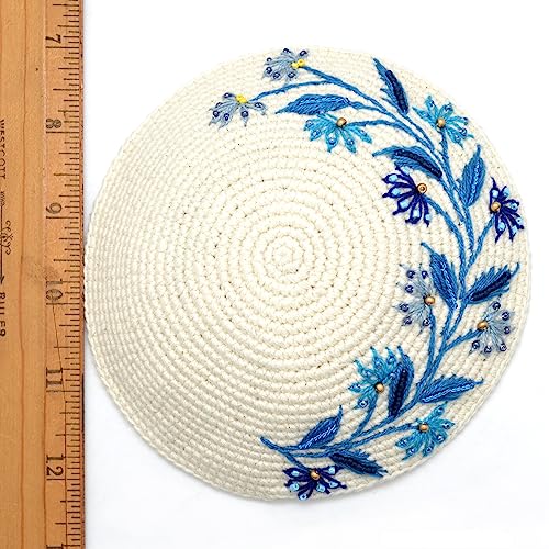 Cream & Turquoise Blue Flowers Crochet & Embroidered Womans Kippah - Ladies Floral Yarmulke2