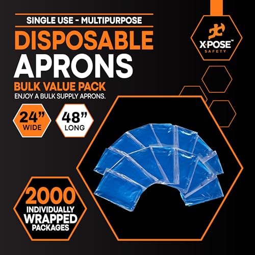 Image of Xpose Safety 2000 Pack Blue Plastic Disposable Bulk Aprons, Individually Wrapped Waterproof Polyethylene Aprons for Cooking, Food Service & Cleaning, 1 Mil, 24 inch x 48 inch