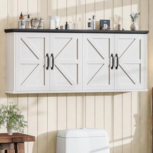 Image of Halitaa 47 inch Laundry Room Cabinets and Storage with 4 Doors and Utility Adjustable Shelf, Large Wall Mounted Storage Cabinet, Upper Kitchen Cabinet for Laundry, Bathroom, and Kitchen, White and Black