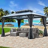 NOBLEMOOD 10' x 13' Hardtop Gazebo with Curtains and Netting, Double Roof Outdoor with Polycarbonate Canopy, Aluminum Frame Permanent Gazebo for Patio Garden