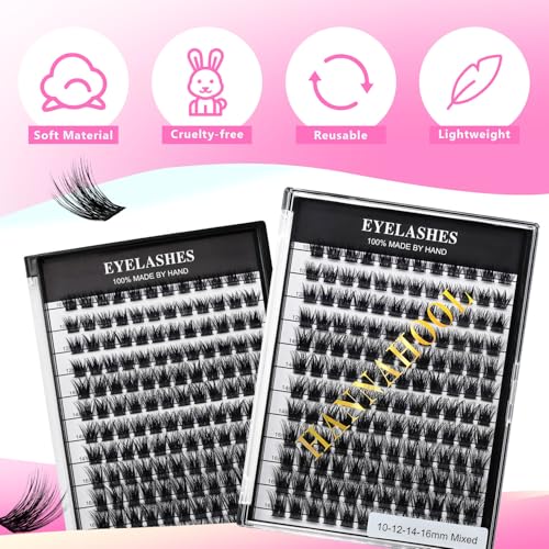 Hannahool Mixed 8-12-14-16mm Wide Stem Individual False Eyelashes Soft Lightweight Natural Long Volume Eyelashes Extensions Makeup Cluster Lashes (mixed 8-12-14-16mm)