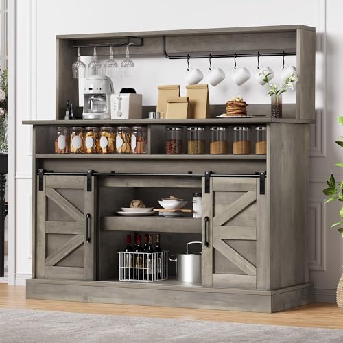 DWVO Farmhouse Buffet Cabinets, 47" Coffee Bar with Goblet Holder & Power Outlet, Sliding Barn Door Sideboard Cabinet for Kitchen & Living Room Storage (Rustic Grey Oak)