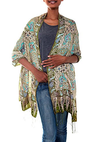 NOVICA Artisan Handmade Silk Batik Shawl Indonesian Womens Green Multicolor Accessories Patterned Floral 'Lavish Java'