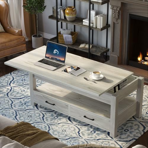 Rolanstar Coffee Table, Lift Top Coffee Table with Drawers and Hidden Compartment, Living Room Table with Wooden Lift Tabletop, for Living Room, Grey