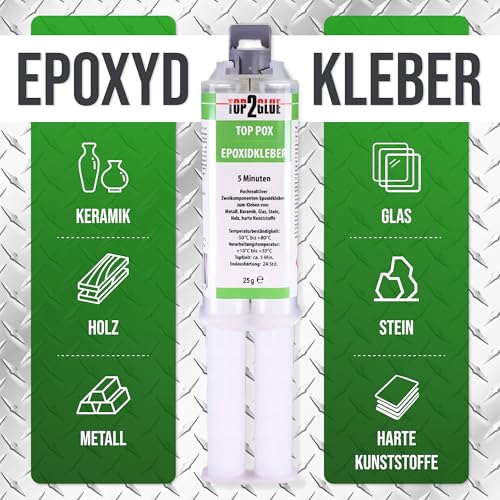 Top2Glue 2k Kleber | Epoxidharz Kleber | 5 Min Harz | echter Epoxy Kleber | 2 Komponenten Kleber | Kunststoff Metall Glas Stein Beton Holz | Express Kleber | 25g Spritze 1:1 + 2 Spitzen