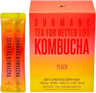 SUNMANC Kombucha 30 packets, Sparkling Probiotic Fermented Drink, Convenient Powdered Drink Mix, Tea Powder, Low Calories, Sugar 0g, Low Caffeine (Peach)