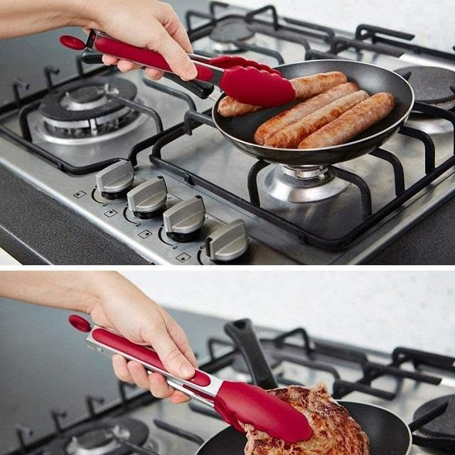 Image of Stainless Steel Food Tongs with Silicone Tips- 9 INCH | 230C Heat Resistant, Heavy Duty Non-Stick Tongs for Kitchen BBQ Cooking Grilling Buffet Noodles Salad Steak (RED)
