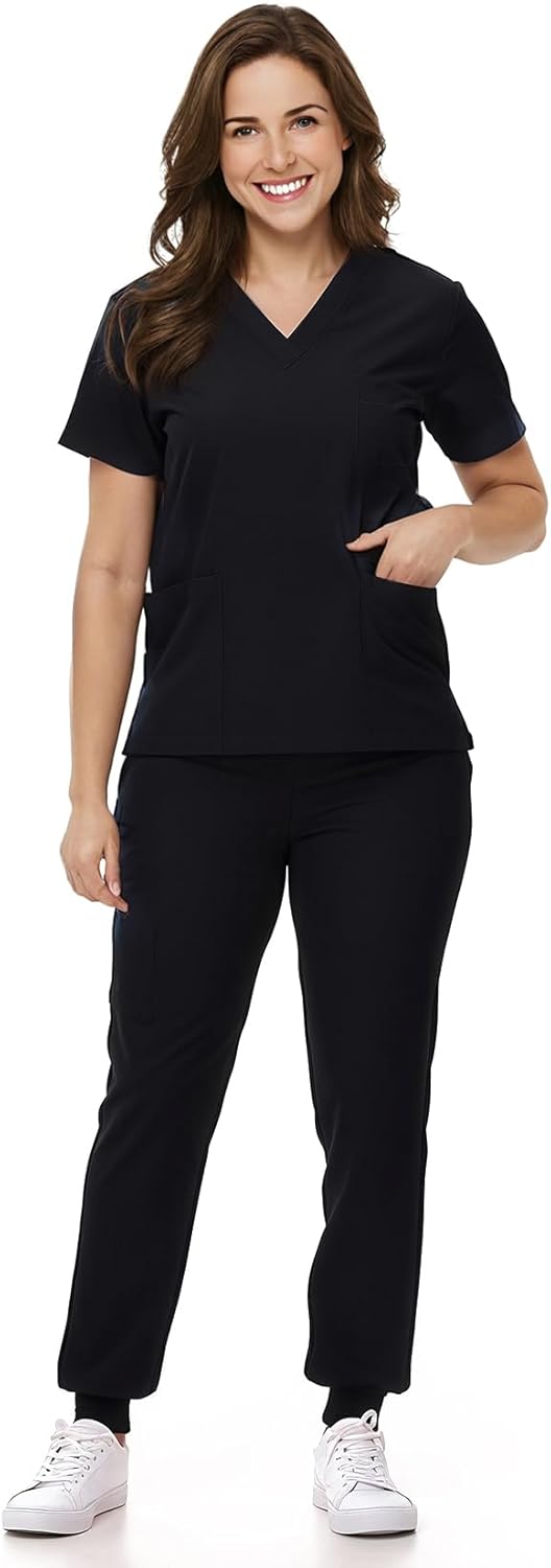 Scrubs Set for Women Nurse Uniform V-Neck Top and Drawstring Jogger Pants with Multi Pocket Nurse Workwear