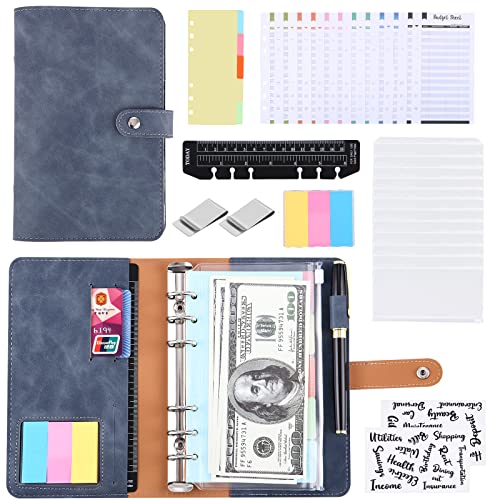Budget Planner,A6 Ringbuch,38 Stück Leder Notizbuch Ordner mit Binderumschlägen,Budgetblätter,Farbige Trennblätter,Farben Etikettenaufklebern,Blatt Kategorie Stickers,Quittungssammelmappen,Herrscher Cover