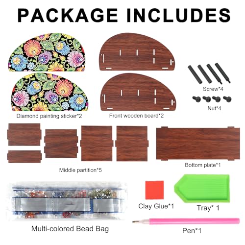 Image of Diamond Painting Storage Box, DIY 5D Floral Leaf Design Multi-Compartment Wooden Diamond Art Organizer for Makeup Brushes Pens TV AC Remotes Desktop Tabletop Decoration