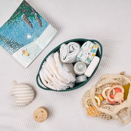 Image of Small Woven Gift Basket Empty with Bag & Ribbon - Gifts for Mom, Baby Shower, Birthdays & Raffle - Cotton Rope Storage Basket for Dog Toys or Shelf - 12 inchx8 inchx5 inch, Green