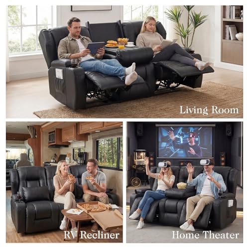 Image of Loveseat Recliner Sofa with Flip Middle Seat,3 Seater Reclining Couch Wall Hugger Recliners for Small Spaces,PU Leather Manual 3 Seater Sofa Recliner with Cup Holders /Lumbar Pillows,RV Furniture,Black