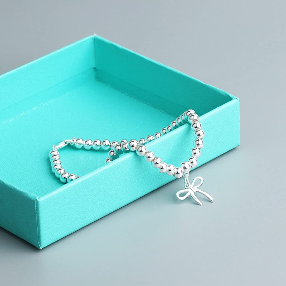 Silber Armband Damen 925,S925 Silber Armband Runde Perle Mit Schleife Anhänger Freundschaftsarmbänder Verstellbarer Charme Netter Modeschmuck Geschenk Für Frauen Mädchen