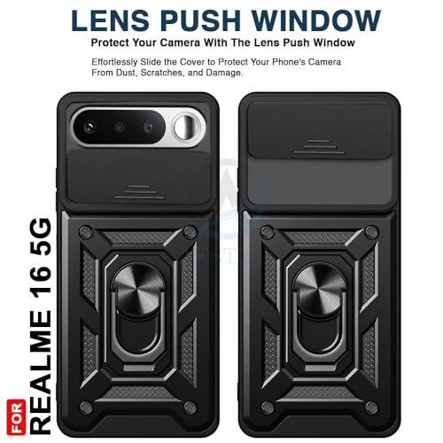 Image of AESTMO Tough Armor Realme 16 5G Bumper Back Case Cover | Ring Holder & Sliding Camera Shield Cover | 360 Degree Protection Back Case Cover for Realme 16 5G (Black)