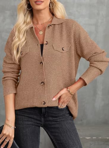 Astylish Women 2025 Fall Outfits Waffle Knit Sweater Shacket Jacket Casual Long Sleeve Button Down Shirts Dressy Blouse Tops2