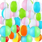 24 Pcs Beach Ball Hanging Lanterns Pool Party Beach Colorful Paper Lanterns Multi Color Chinese Japanese Round Decorations for Summer Party Decor, 12 Inches, 8 Inches