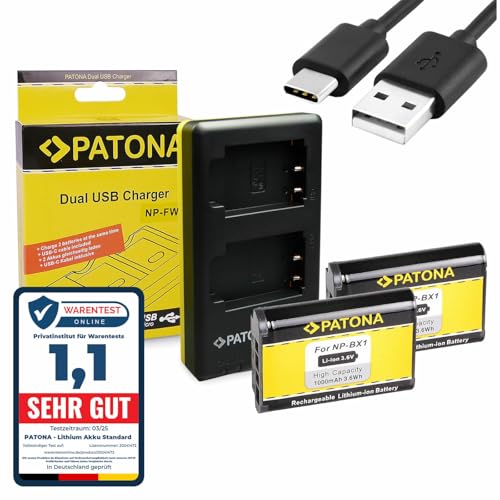 PATONA Cargador Doble con 2X Batería NP-BX1 reemplazo para Sony NPBX1 BX1 baterías Compatible con Sony DSC-RX1R DSC-HX50 DSC-HX60 DSC-HX300 DSC-WX500 DSC-RX100 II III IV V