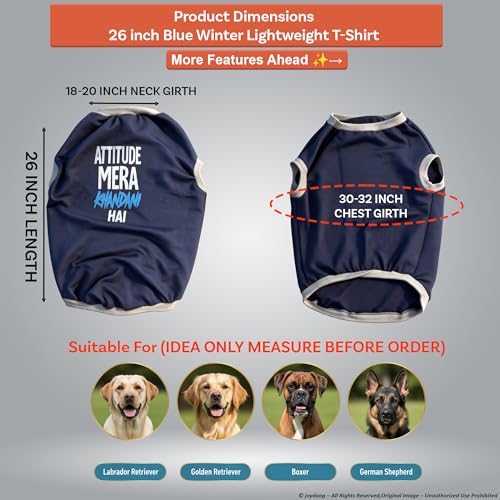 Image of JoyDaog Cozy Dog Winter Coat Blue Color 26 Inch(3XL)- inchAttitude Mera Khandani Hai inch Printed Soft Cotton Trendy Apparel for XL Dogs | Indoor & Outdoor