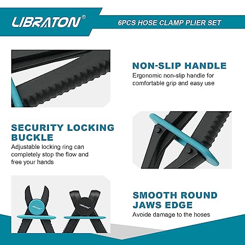 Image of Libraton Hose Clamp Pliers - 6pc Set, Straight & 90, Plastic, Brake, Fuel, Coolant, Radiator Hose, Gas Line