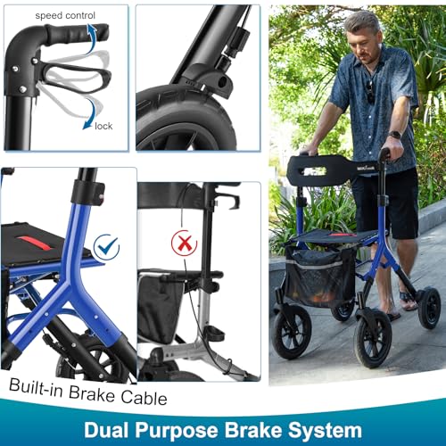 Image of MAXWALK Rollator Walker with Seat, Tall Walkers for Seniors, 12 inch Big Rubber Wheels All Terrain Rollator Walker with Backrest, Built-in Cable, Foldable and Dual Adjustable Height for 5.3-7ft, Blue