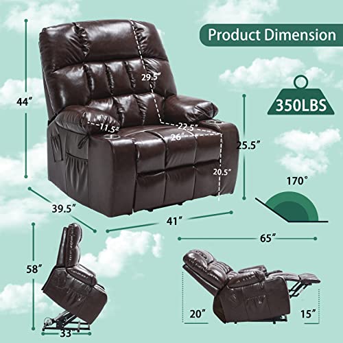 Pug258Y Lift Recliner For Big And Tall Seniors: High Density Foam Lift Chair With Heat And Vibration Massage, 2 Side Pockets, 2 Cup Holder, 2 Remote, Okin Motor, Breathable Leather - Reddish Brown #TOP1