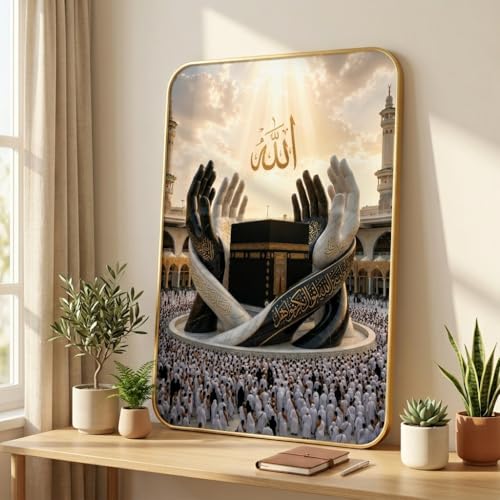 Image of SAF Islamic Allah Kaaba Dua Hands Wall Painting with Premium PVC Golden Frame, Makkah Mosque Religious Art, Muslim Home Decor for Prayer Room Living Room (13x19 Inch) MG-36041