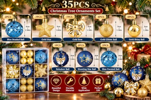 35 Piece Christmas Tree Ornaments Set Decorative Balls with Stars Bows and Reindeer Designs for Holiday Decor Navy Blue and Gold - image 5