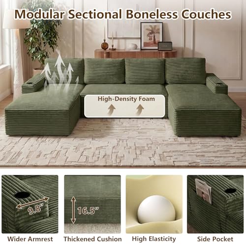 Image of 133 inch U-Shape Cloud Couch, Modern Modular Sectional U-Shape Sofa, Corduroy Boneless Couch Upholstered Couches Deep Seat Sleeper Chaise Longue for Living Room, No Assembly Required,Green