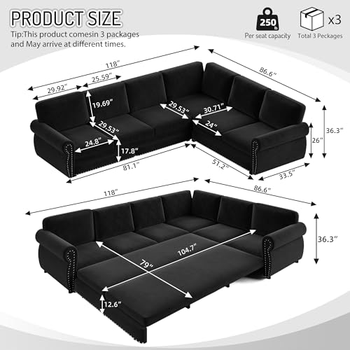 Image of KEIKI 118 inch Chesterfield Sleeper Sofa, Chenille Sectional Couch, Black
