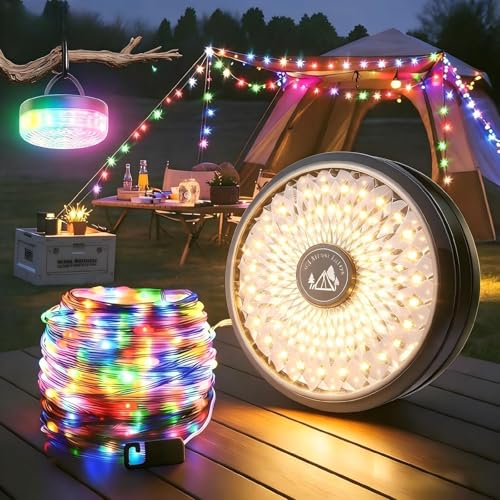 Image of Camping String Lights, Retractable 32.8ft RGB String Lights with 13 Lighting Modes, 4000mAh Hanging Waterproof Portable LED Fairy Lights for Tent Patio Awning Garden RV Decoration