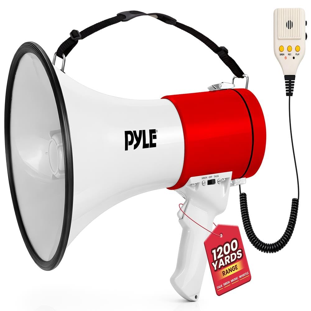 Pyle Megafon z syreną i mikrofonem – głośnik 50 W, wejście AUX, przenośny, idealny do rozpalenia i użytku na zewnątrz, ergonomiczny i wytrzymały, z odtwarzaniem MP3